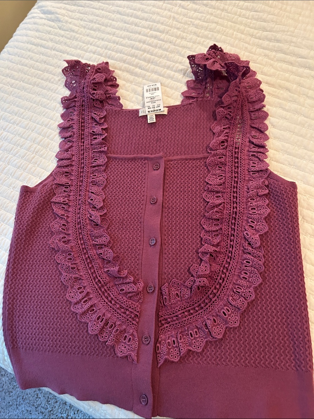 Lace-Trim Knit Button-Front Tank Top - Plum
